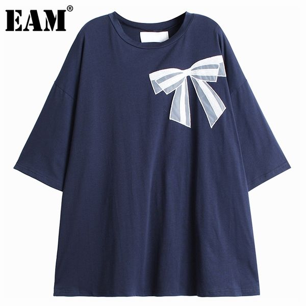 

[eam] women blue big size bow print casual loose t-shirt round neck short sleeve fashion spring summer 1dd7246 210512, White