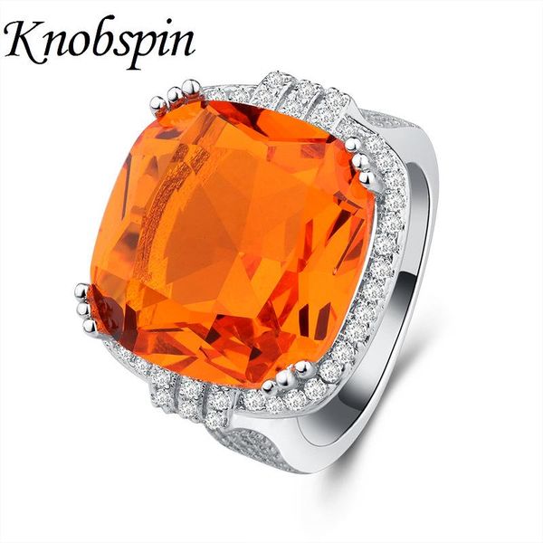 

cluster rings luxury exaggerated orange zircon ring for women fashion geometric square stone party jewelry us size 6-10 anillos, Golden;silver