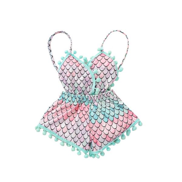 

rompers born summer tie-up romper, baby girl rainbow/scale pattern spaghetti strap v-neck romper with flower/pompom 0-3t, Blue