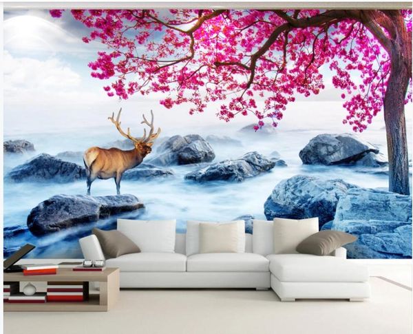 

3d po wallpaper custom mural elk beautiful trees and flowers scenery home decor living room for walls wallpapers