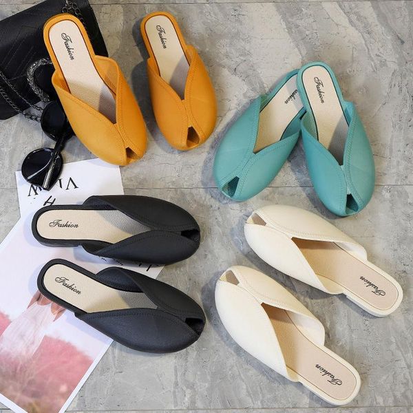 

slippers fashion mules women summer comfortable square toe pu leather candy color flats sandals holiday beach shoes, Black