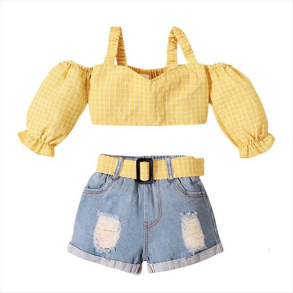 

2pcs 1 5y toddler girls clothes fashion off the shoulder plaid print t shirts denim belt shorts pant, White