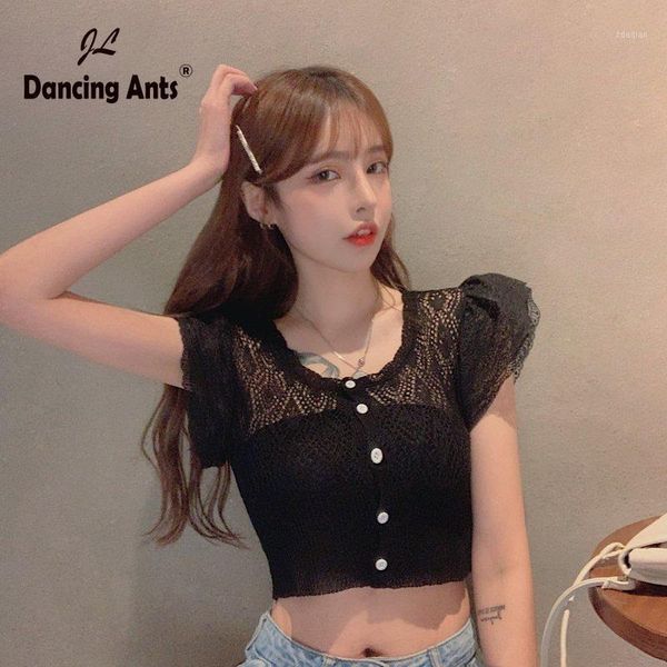 

woman blouse knitting women shirts o-neck female crop hollow out lace single-breasted tee women's sweaters, White;black