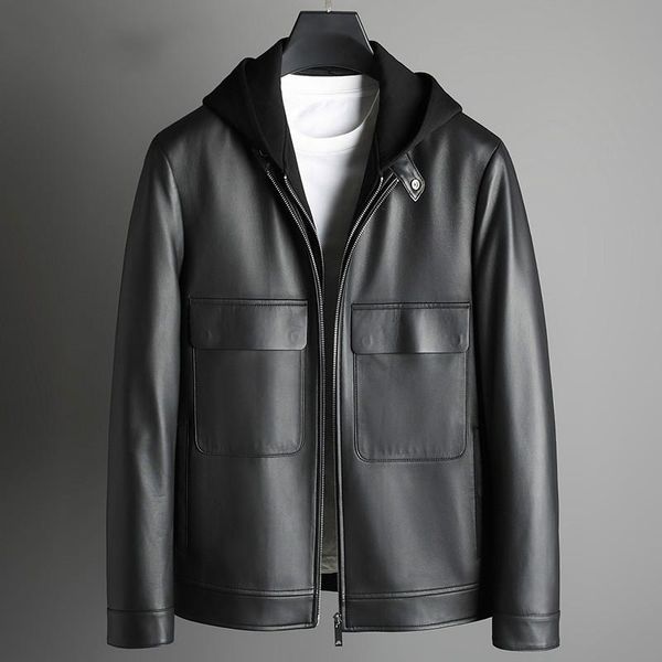 

men's leather & faux genuine clothes mens hooded slim fit sheepskin jacket men casual coat, Black