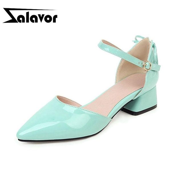 

plus size 31-48 leather women sandals bow-tie pointed toe shoes cover heel soft buckle metal casual zapatos, Black