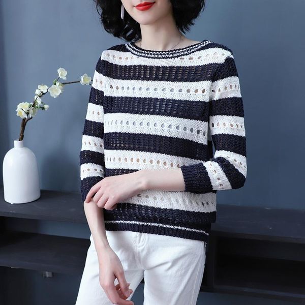 

women's sweaters europe and america 2021 trend spring autumn leisure fit round neck stripe color block long sleeve sweater, White;black