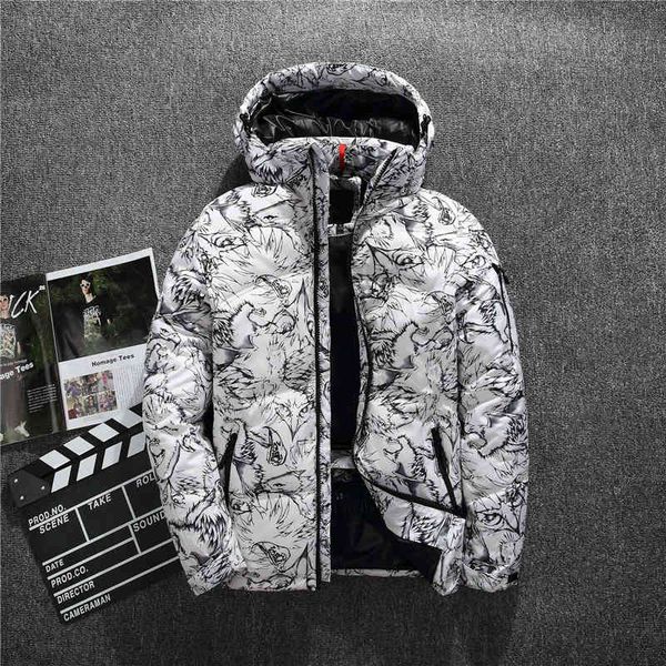 

2021 winter new boutique white duck down thick warm fashion print mens casual black jacket slim hooded coat