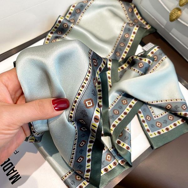 

scarves 2021silk scarf women's mulberry silk spring autumn thin pure color printing small french temperament hair band, Blue;gray