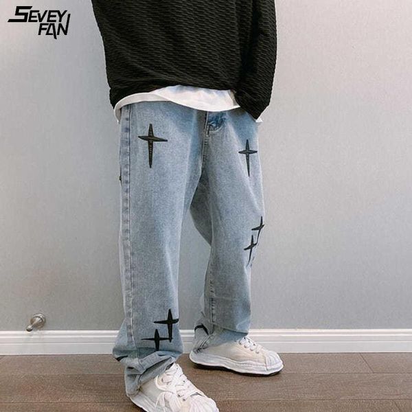 

men's jeans fashion for men cross embroidery streetwear oversized blue hip hop jean pants loose straight casual denim trousers male