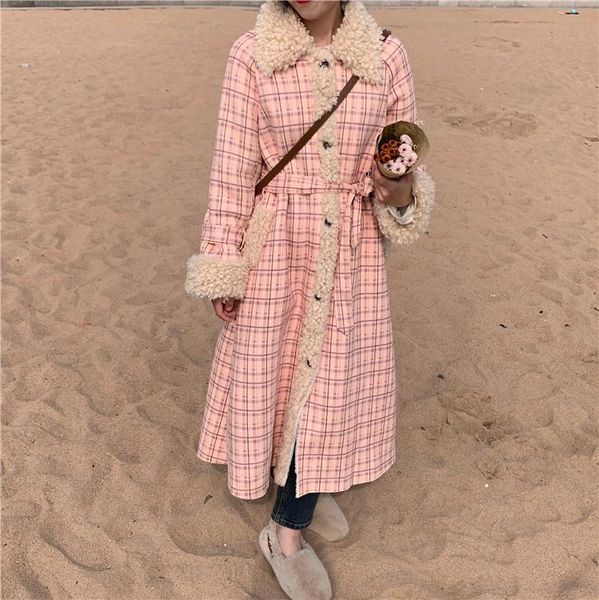 

women's wool & blends loose over the knee long plaid lamb coat jacket for 2021 winter sacos de mujer vestir abrigo, Black