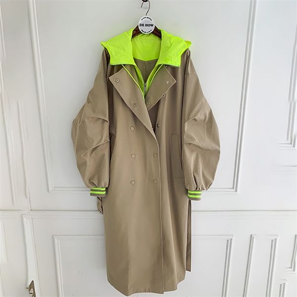 

[ewq] spring autumn new hooded trench coat korean plus size khaki long coat female trenchcoat overcoat sell fall clothes 210423, Tan;black