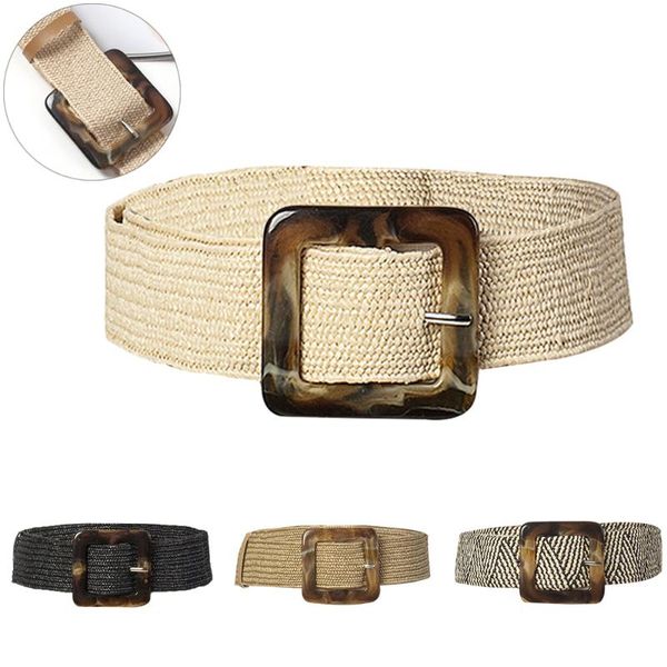 

belts women straw woven waist belt elastic retro waistband wide braided stretching dress black/ beige/ khaki/ black white, Black;brown