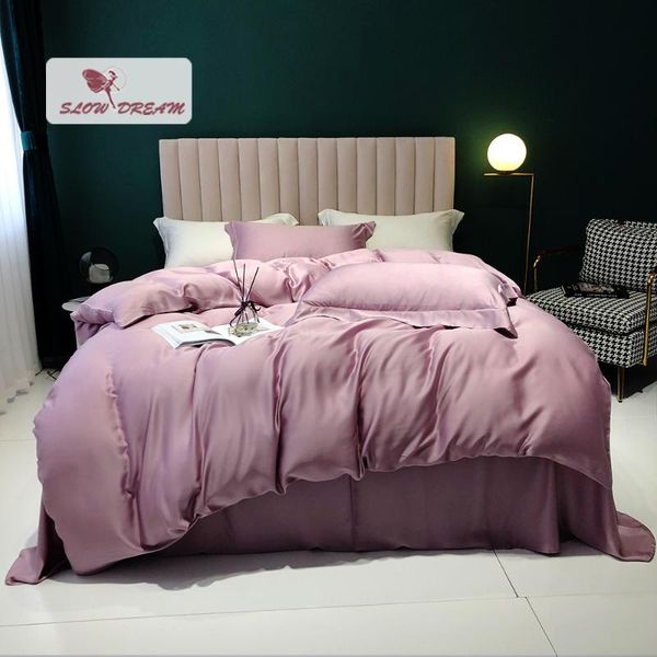 

bedding sets slowdream luxury women purple 100% silk set healthy beauty duvet cover pillwocase  king flat sheet home textile