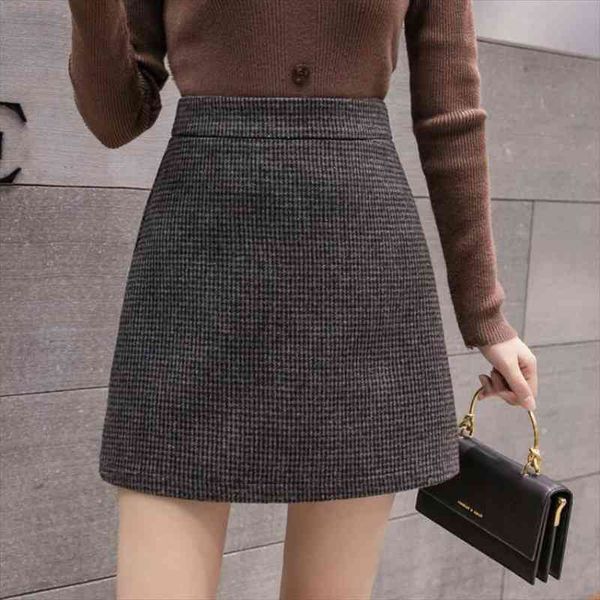 

fashion plaid a-line mini skirt women autumn winter high waist woolen skirt female casual all-match basic short, Black