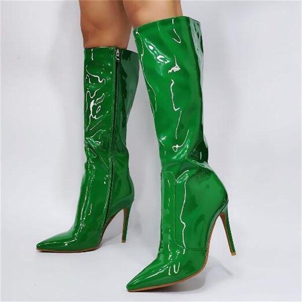 

boots green patent leather pointed toe of the knee high boots woman winter stiletto heels with zipper long gout transportation lul0, Black
