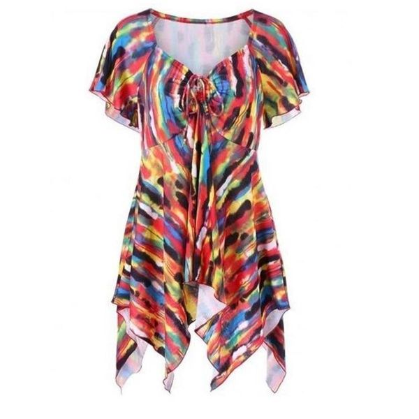 

casual dresses summer irregular hem ethnic printing shirt 2021 women plus size 5xl short sleeve t-shirt v collar beach, Black;gray