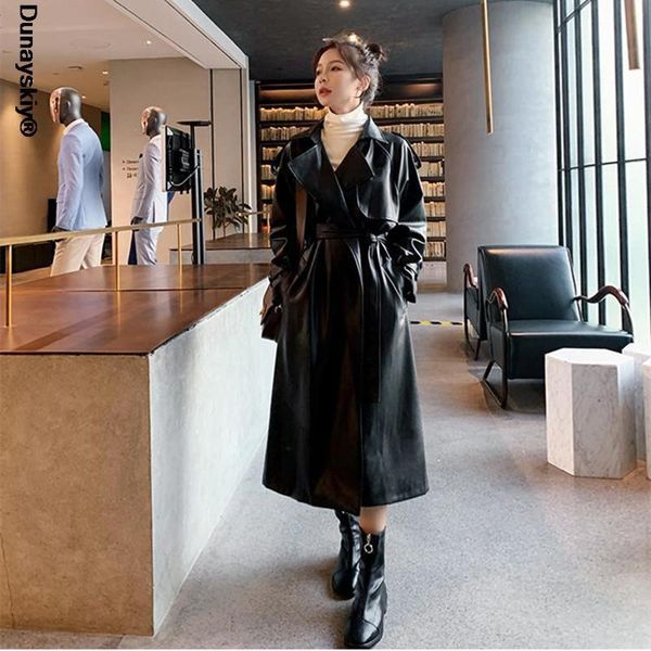 

women's trench coats fashion long pu leather coat with belt lady windbreaker waterpoof female outerwear spring autumn black, Tan;black