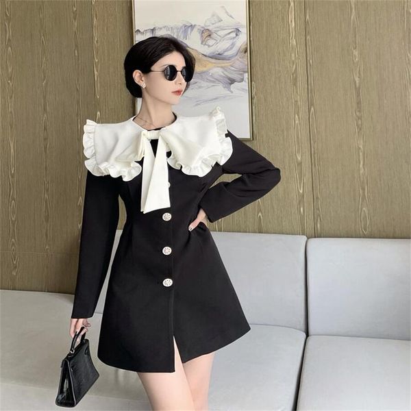 

casual dresses simple sweet short dress 2021 long puff sleeves lapel fold loose single-breasted doll cute mini shirt, Black;gray