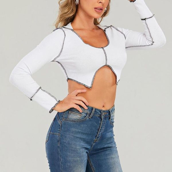 

women's t-shirt shirt knitted skin-friendly women contrast color crop for spring autumn, White