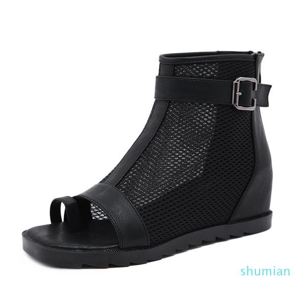

boots shoes s summer air mesh open toe women short ankle-strap buckle female 2021 rome style, Black