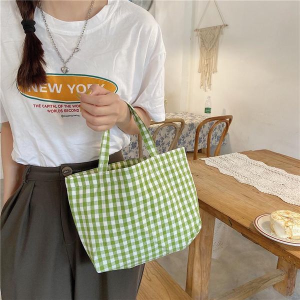 

portable small handbag for women retro plaid student girls mini tote shopping shoulder bags cotton linen ladies picnic bento bag