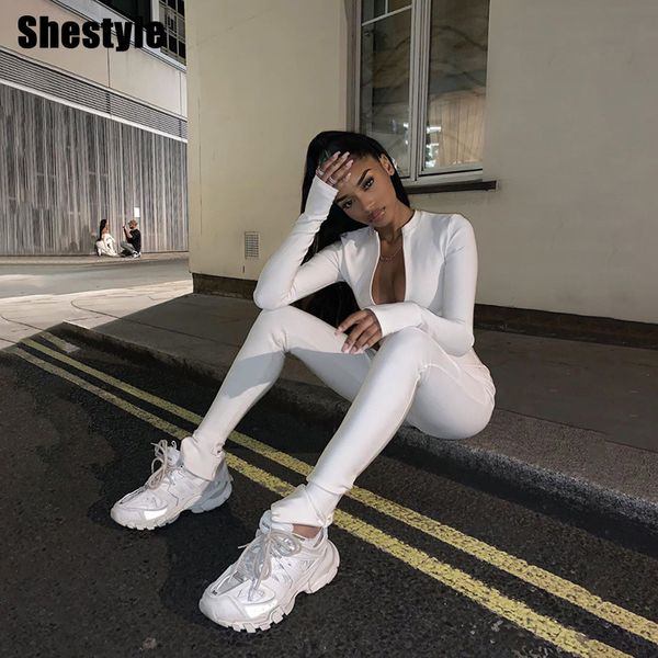 

shestyle solid high waist zipper workout jumpsuits women bodycon casual stretchy leggings white outfit fitness jumpsuitby, Black;white