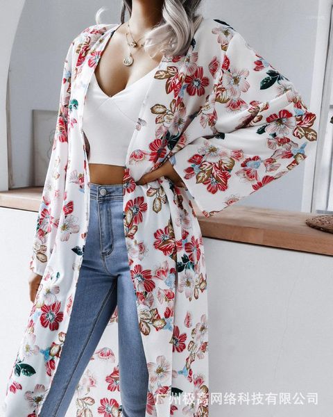 

women's swimwear floral print chiffon beach dress women long bikini cover up female summer woman swimsuit tunic cardigan, White;black