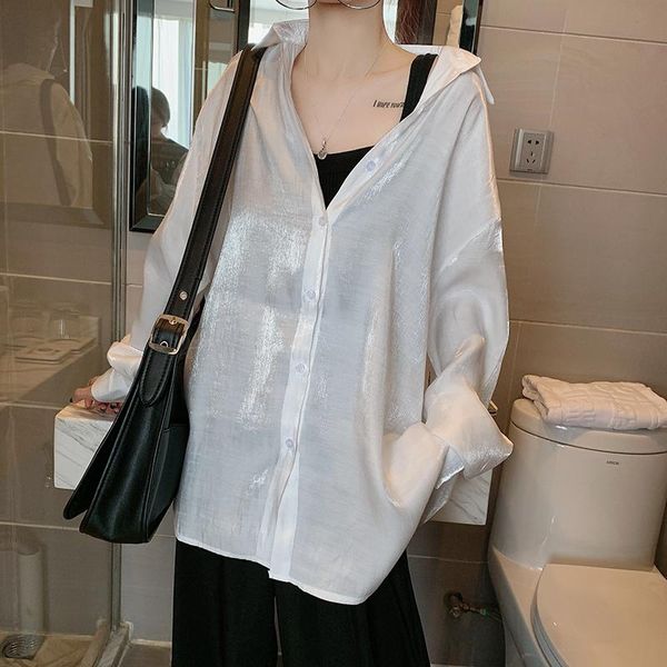 

women's blouses & shirts 2021 women summer casual oversize blouse batwing sleeve shiney sunproof shirt single breasted lapel collar, White