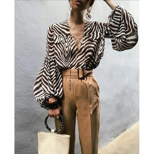 

women's blouses & shirts european style chiffon shirt thin pullover female zebra pattern loose v-neck lantern long sleeve, White
