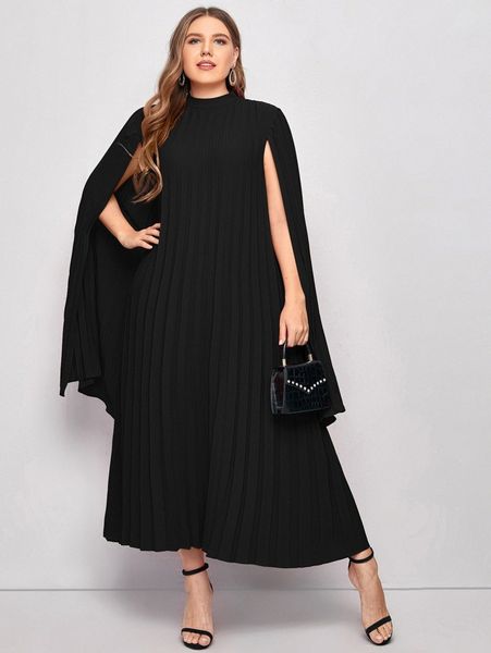 

plus pleated solid cape dress t90f#, Black