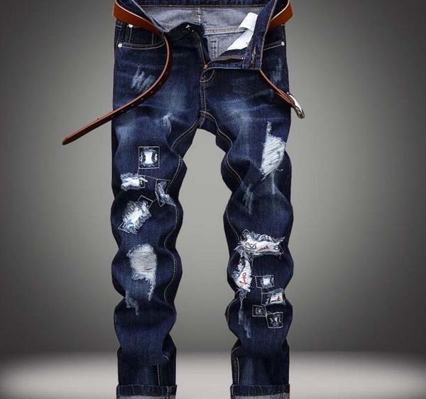 

men's jeans style fashion men denim sweatpants hole pants male leisure trousers slim outwears, Blue