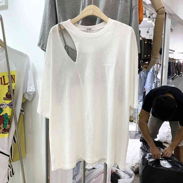 

t shirt hollow off-shoulder t-shirt female summer loose korean style t shirts girls student simple shirt fashion tshirts, White