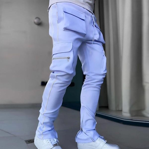

men's pants summer 2021 men workwear stretch multi-pocket reflective straight-leg sports fitness leisure trousers, Black