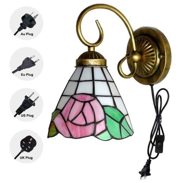 

tiffany wall lamp 6ft plug in button cord or hardwired multi-colored glass lampshade light fixture bulb not included