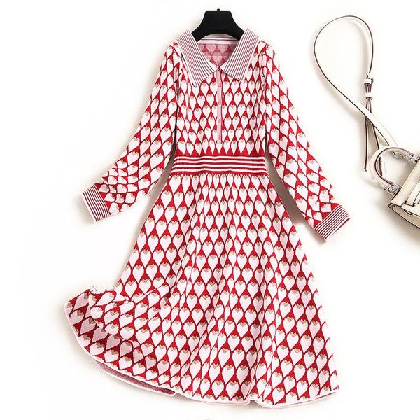 

casual dresses 2021 spring autumn women girls cute heart jacquard sweater dress long sleeve turn down collar a-line knitted pink, Black;gray