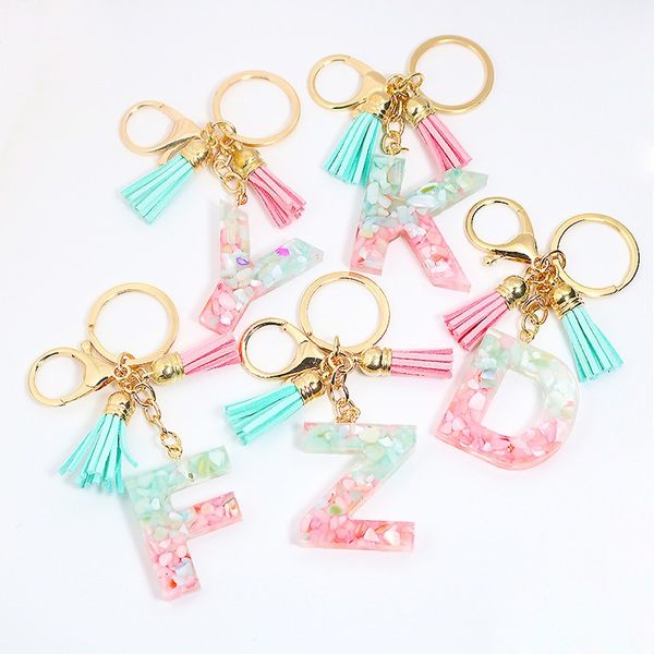 

gradient color letters keychains with tassel a-z initial english letter resin key chain women girls handbag hanging pendant, Slivery;golden