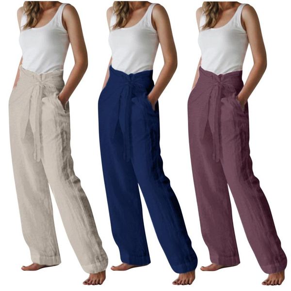 

women's pants & capris bow belt lacing women casual solid color high waist wide leg long straight trousers streetwear, Black;white