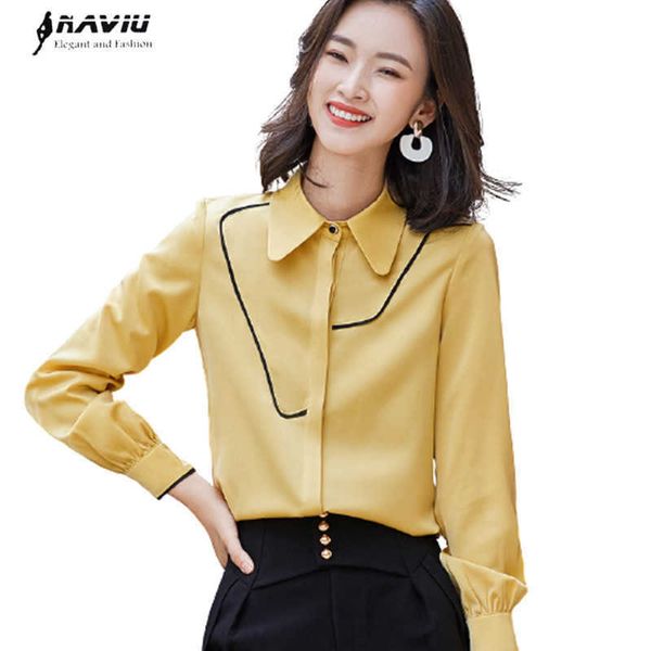 Camisa Amarelo Mulheres Temperamento Profissional Outono Loose Selta Selvagem Chiffon Blusas Escritórios Fashion Formal Tops 210604