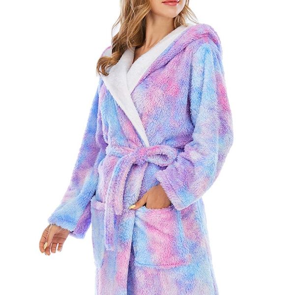 

lovers colorful tie-dye coral fleece robes woman fashion double pockets thick loose hooded warm home robe extra long bath women's sleep, Black;red
