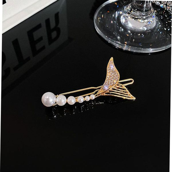 

girl stylist beauty fish tail hairpin fashion imitates pearl temperament bang clip woman one word bead flower hair clips & barrettes, Golden;silver