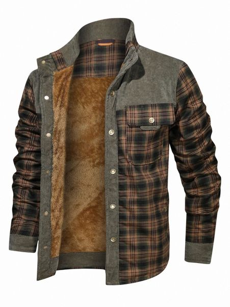 

men tartan teddy lined single breasted coat v1f7#, Black;brown