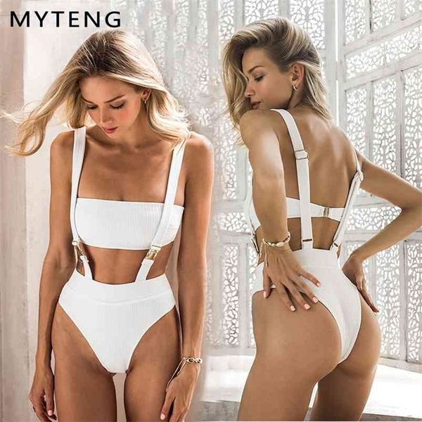 Costume da bagno intero con fibbia bianca Bikini sexy a vita alta Costumi da bagno a fascia da donna Costume da bagno con cinturino Nuovi bagnanti per body 210325