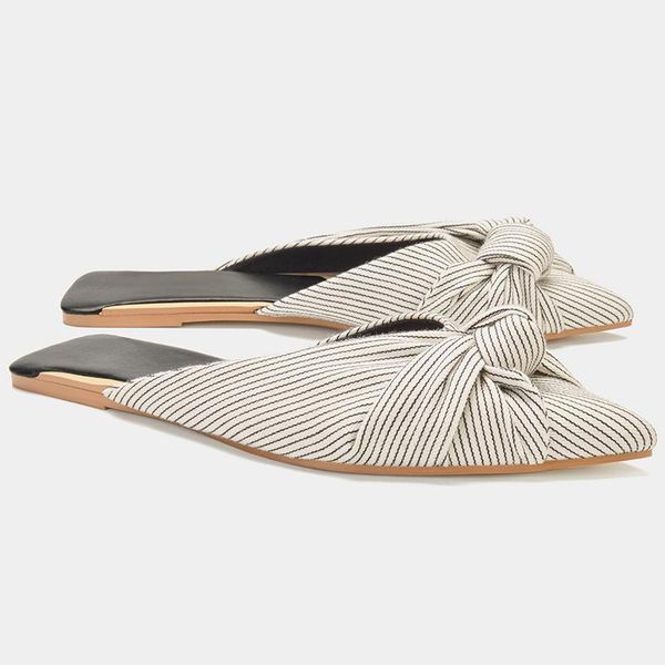

fashion pointed toe women slippers striped flat shoes woman casual ladies loafers knot design flats espadrilles mules, Black
