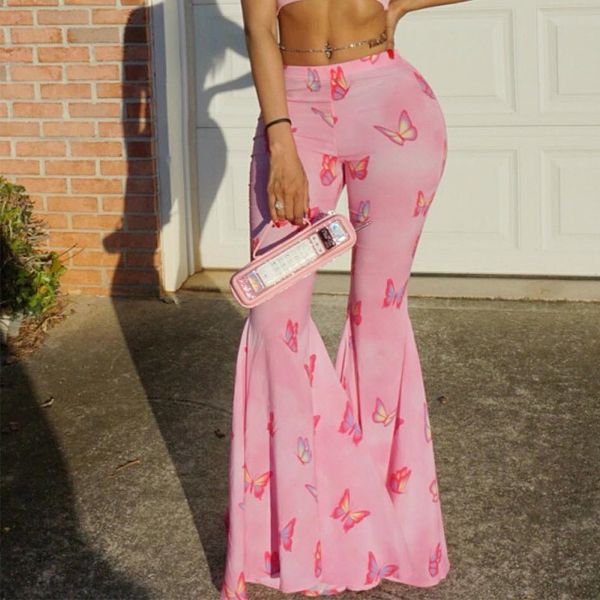 

butterfly printed pink women's flare pants sweet cute slim high waist female trouser spring summer party casual lady bottom 210319, Black;white