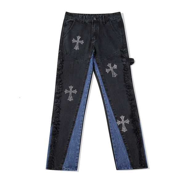 

jeans high street vibe cross embroidery stitching burr flared, Blue