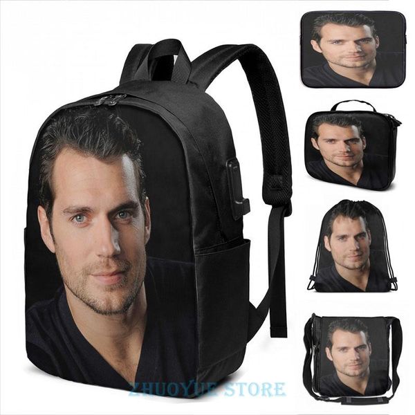 

backpack funny graphic print henry cavill usb charge men school bags women bag travel laptop