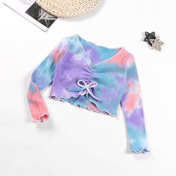 

children clothes new fashion girls tie dye v-neck long sleeve t-shirt ins style purple color 2021 spring summer new arrival, White;black