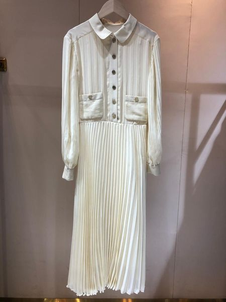 

casual dresses 2021 women fashion long sleeve lapel button pleated silk dress 0518, Black;gray