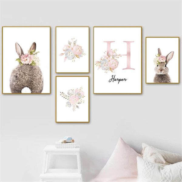 

paintings pink flower canvas art print baby girls custom name posters tail painting nursery wall pictures kids room decor