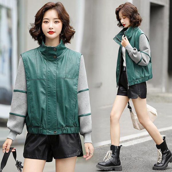 

women's vests 2021autumn stitching half turtleneck leather coat women, Black;white